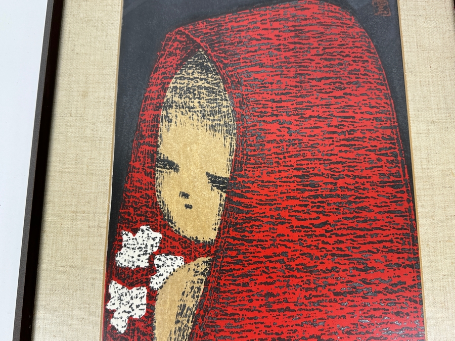 Kaoru Kawano (1916-1965, Japan) Japanese Woodblock Print Titled 'Dream / Girl With Flowers' 9 X 14 Framed 14 X 20 [Photo 3]