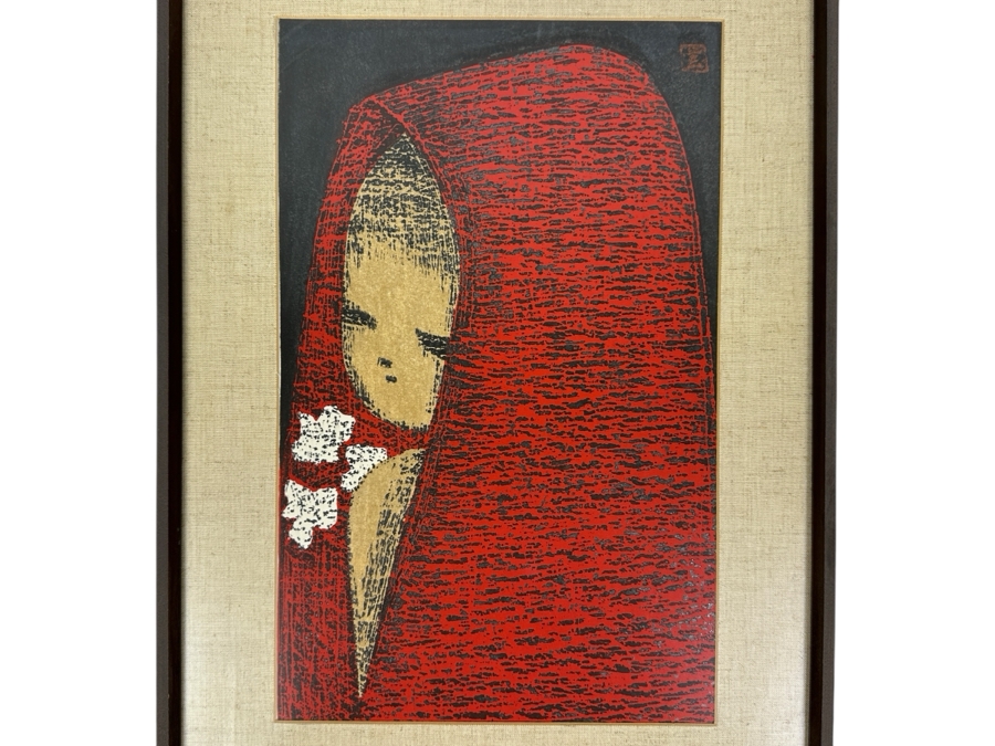 Kaoru Kawano (1916-1965, Japan) Japanese Woodblock Print Titled 'Dream / Girl With Flowers' 9 X 14 Framed 14 X 20