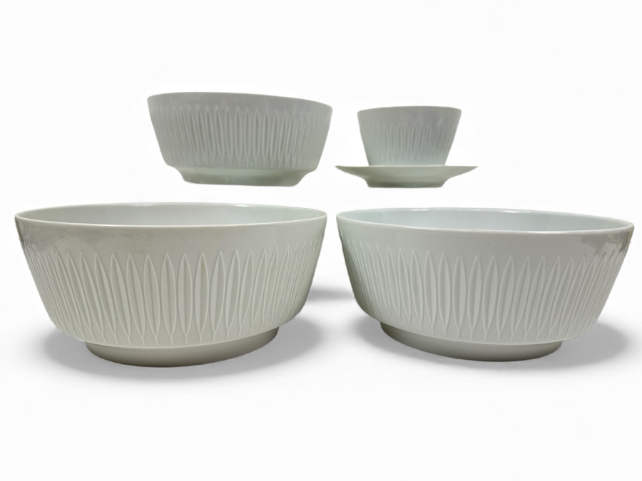 Vintage Mid-Century Modern Lorenz Hutschenreuther White Serving Bowls (2) 8.5'W, (1) 7.75'W & (1) Cup With Attached Plate