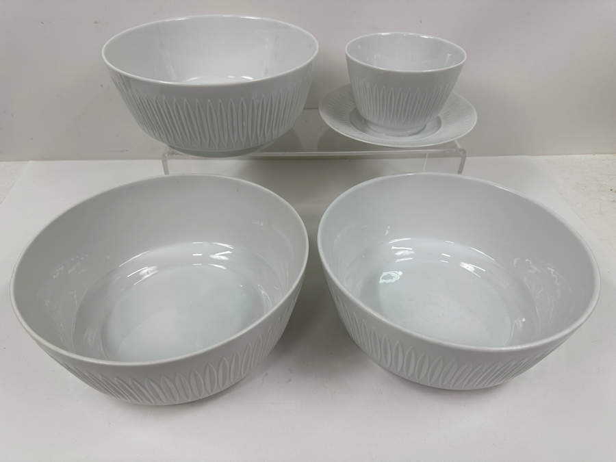 Vintage Mid-Century Modern Lorenz Hutschenreuther White Serving Bowls (2) 8.5'W, (1) 7.75'W & (1) Cup With Attached Plate [Photo 2]