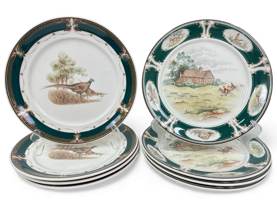 (8) Noritake Keltcraft Dinner Plates Ireland Pursuit Pattern And Wicklow Green Pattern 10.5'W