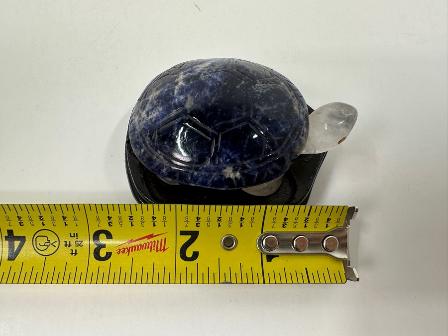 Hand Carved Lapis Lazuli & Quartz Turtle Figurine With Wooden Stand 2.5'L [Photo 9]