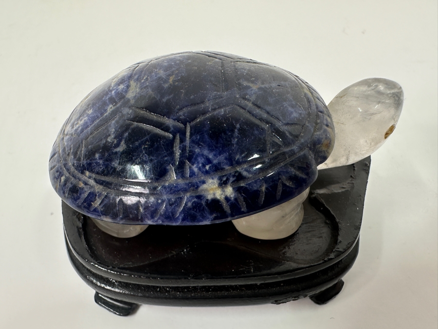 Hand Carved Lapis Lazuli & Quartz Turtle Figurine With Wooden Stand 2.5'L [Photo 6]