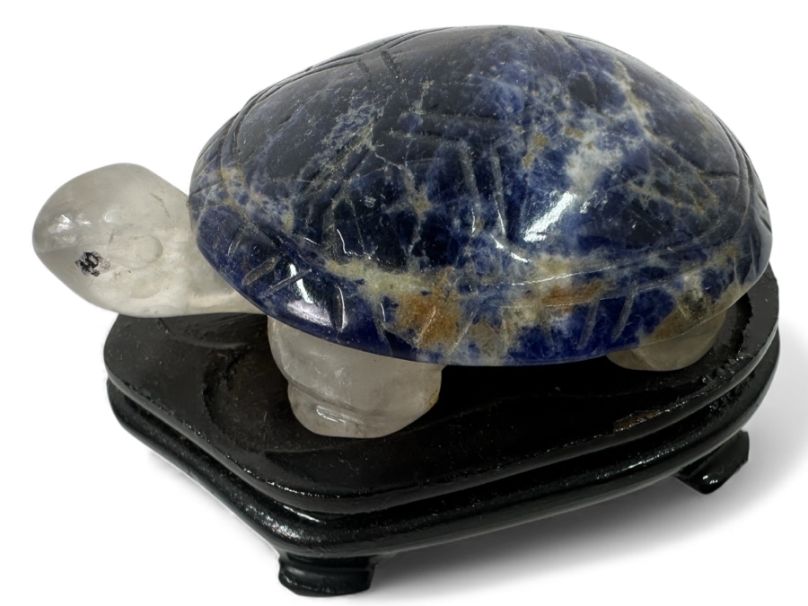 Hand Carved Lapis Lazuli & Quartz Turtle Figurine With Wooden Stand 2.5'L