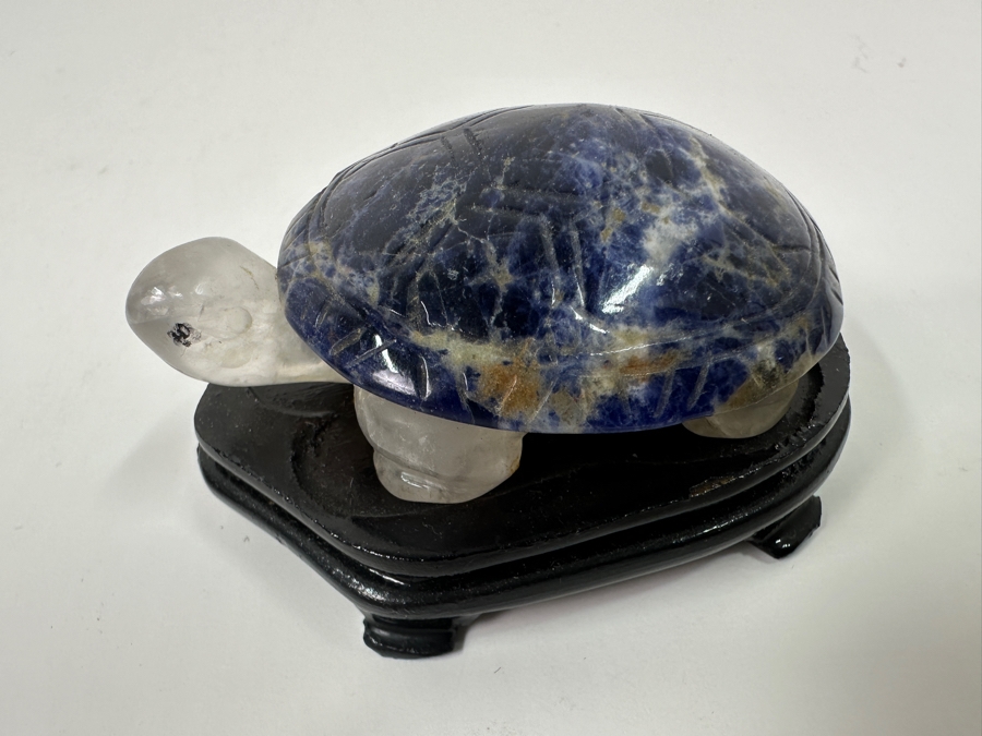 Hand Carved Lapis Lazuli & Quartz Turtle Figurine With Wooden Stand 2.5'L [Photo 2]