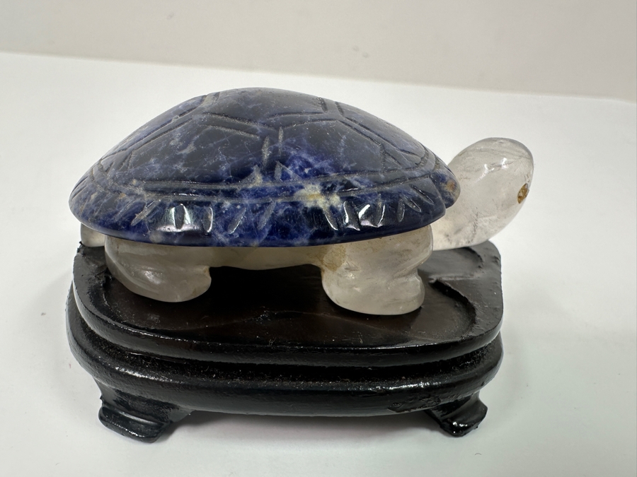 Hand Carved Lapis Lazuli & Quartz Turtle Figurine With Wooden Stand 2.5'L [Photo 5]