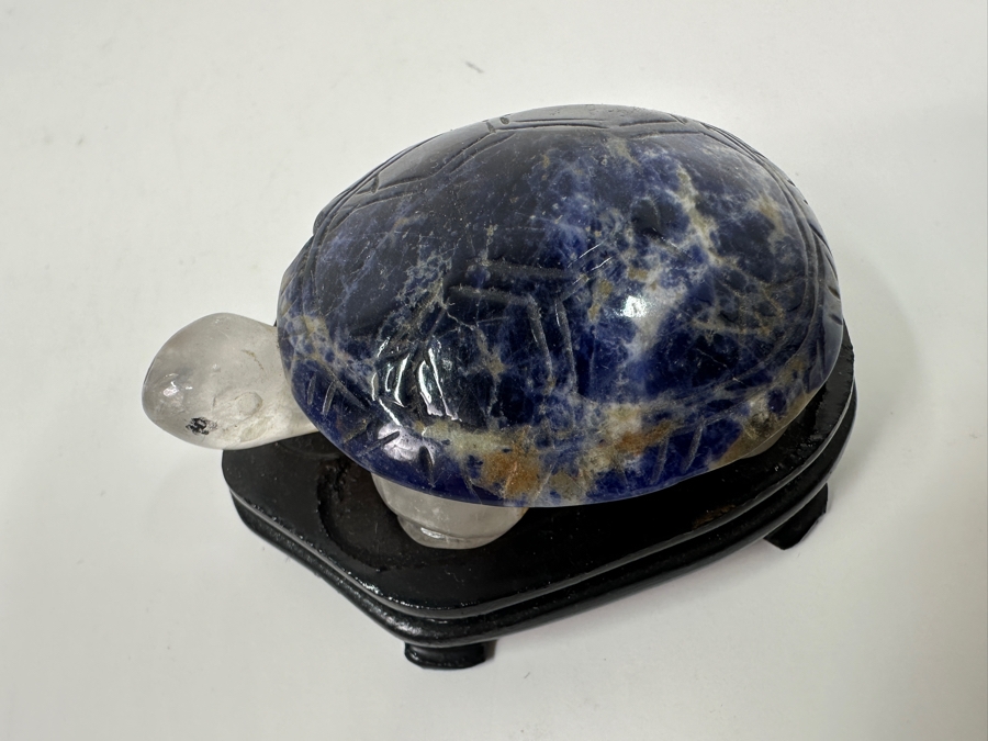 Hand Carved Lapis Lazuli & Quartz Turtle Figurine With Wooden Stand 2.5'L [Photo 3]