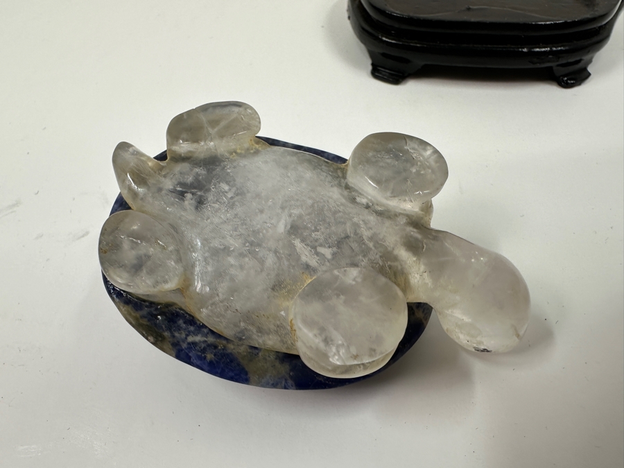 Hand Carved Lapis Lazuli & Quartz Turtle Figurine With Wooden Stand 2.5'L [Photo 8]