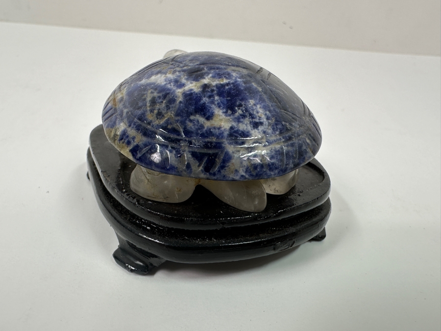 Hand Carved Lapis Lazuli & Quartz Turtle Figurine With Wooden Stand 2.5'L [Photo 4]