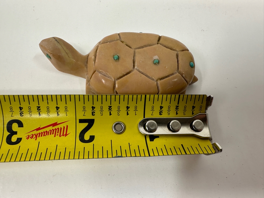 Vintage Native America Zuni Hand Carved Stone Turtle Fetish With Small Turquoise Inlays By Emery Boone New Mexico 2.5'L [Photo 6]
