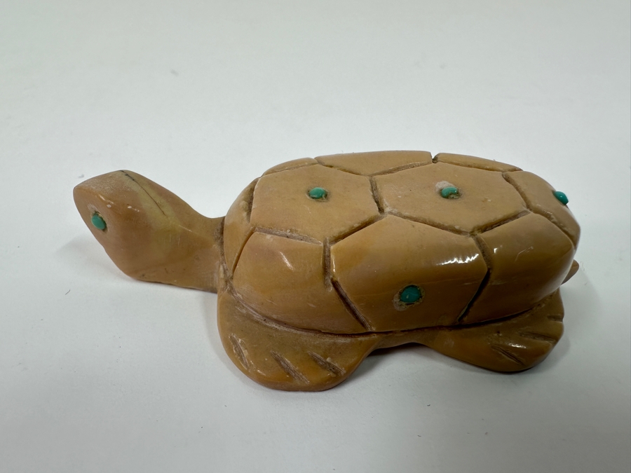 Vintage Native America Zuni Hand Carved Stone Turtle Fetish With Small Turquoise Inlays By Emery Boone New Mexico 2.5'L [Photo 3]