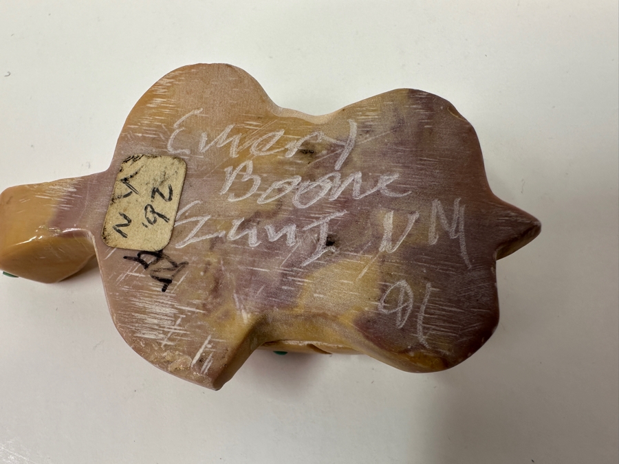 Vintage Native America Zuni Hand Carved Stone Turtle Fetish With Small Turquoise Inlays By Emery Boone New Mexico 2.5'L [Photo 5]