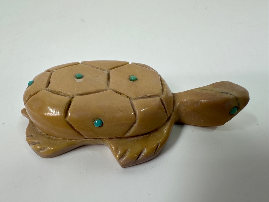 Vintage Native America Zuni Hand Carved Stone Turtle Fetish With Small Turquoise Inlays By Emery Boone New Mexico 2.5'L [Photo 2]