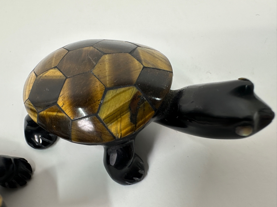 Pair Of Carved Stone Turtle Figurines With Mosaic Lapis Lazuli And Tiger's Eye Shells 2'L & 2.5'L [Photo 5]