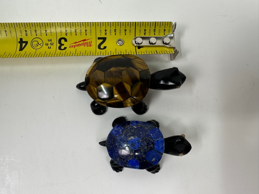 Pair Of Carved Stone Turtle Figurines With Mosaic Lapis Lazuli And Tiger's Eye Shells 2'L & 2.5'L [Photo 7]