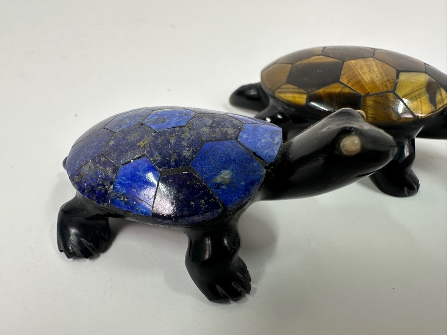 Pair Of Carved Stone Turtle Figurines With Mosaic Lapis Lazuli And Tiger's Eye Shells 2'L & 2.5'L [Photo 2]