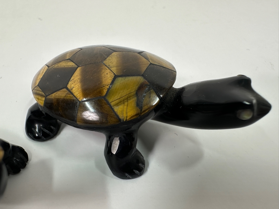 Pair Of Carved Stone Turtle Figurines With Mosaic Lapis Lazuli And Tiger's Eye Shells 2'L & 2.5'L [Photo 4]