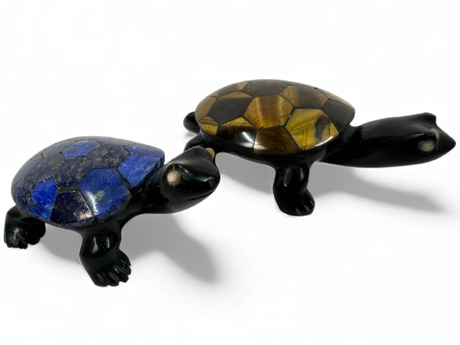 Pair Of Carved Stone Turtle Figurines With Mosaic Lapis Lazuli And Tiger's Eye Shells 2'L & 2.5'L