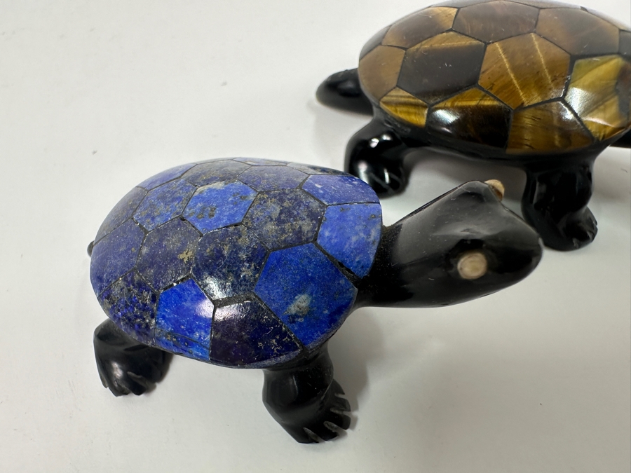 Pair Of Carved Stone Turtle Figurines With Mosaic Lapis Lazuli And Tiger's Eye Shells 2'L & 2.5'L [Photo 3]