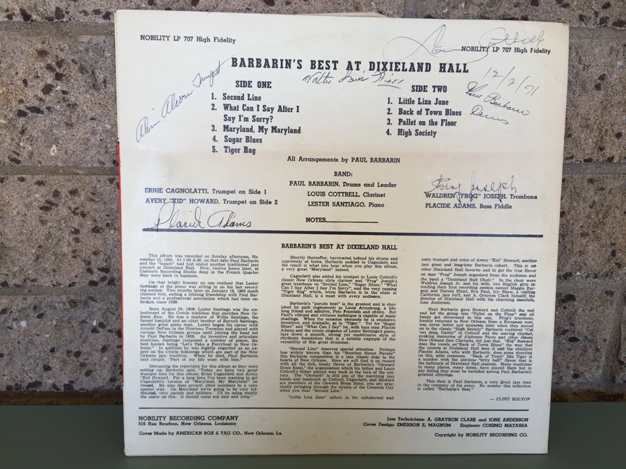 Paul Barbarin And His Jazz Band ‎- Paul Barbarin's Best at Dixieland Hall - Nobility Recording Company ‎- LP-707 - SIGNED [Photo 2]