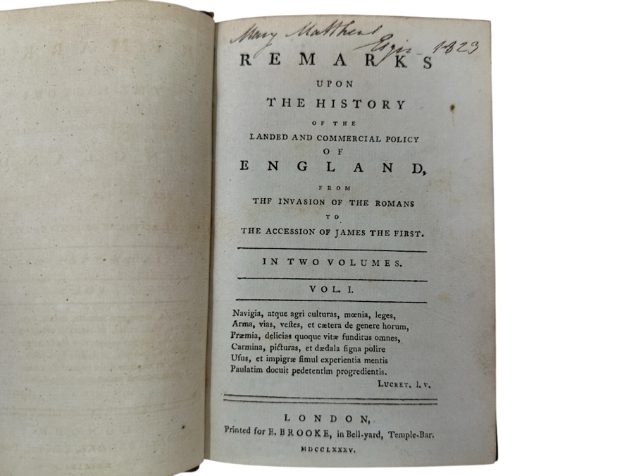 Rare Antique 1785 Leather Bound 2-Volume Book Set Remarks Upon The History Of The Landed And Commercial Policy Of England From The Invasion Of The Romans To The Accession Of James The First Published London Printed E. Brooke [Photo 3]