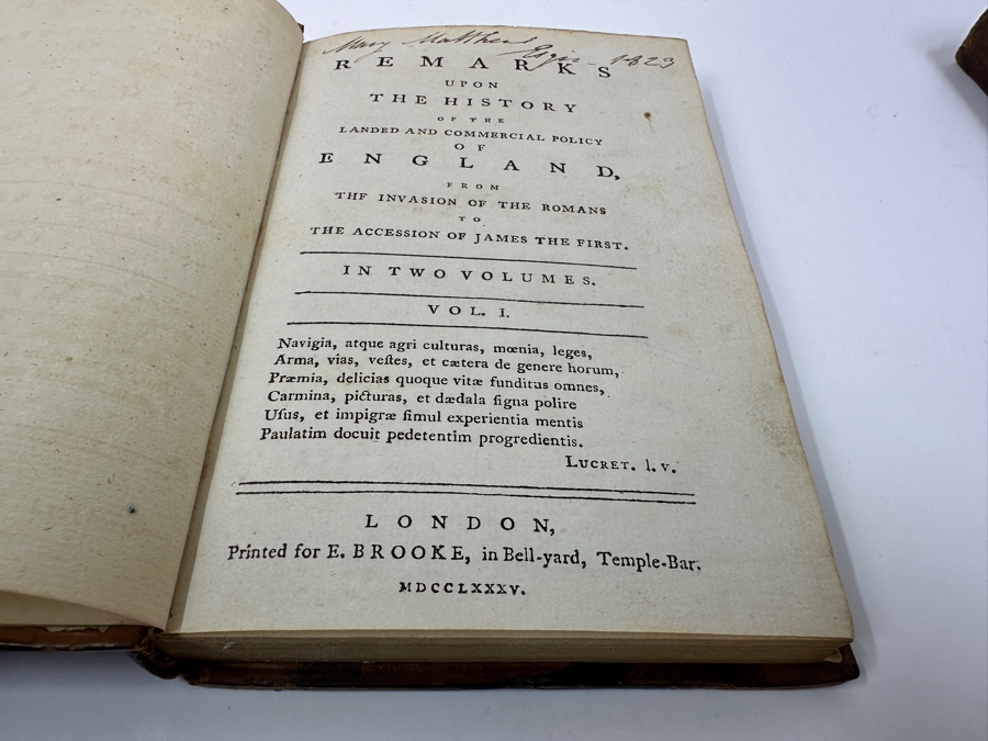 Rare Antique 1785 Leather Bound 2-Volume Book Set Remarks Upon The History Of The Landed And Commercial Policy Of England From The Invasion Of The Romans To The Accession Of James The First Published London Printed E. Brooke [Photo 8]