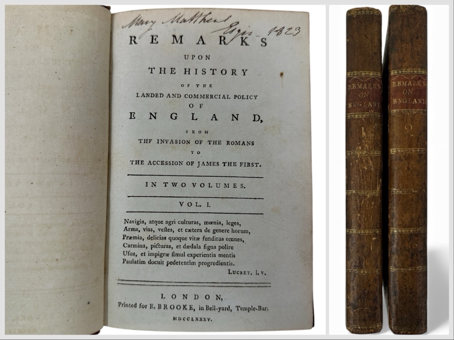 Rare Antique 1785 Leather Bound 2-Volume Book Set Remarks Upon The History Of The Landed And Commercial Policy Of England From The Invasion Of The Romans To The Accession Of James The First Published London Printed E. Brooke
