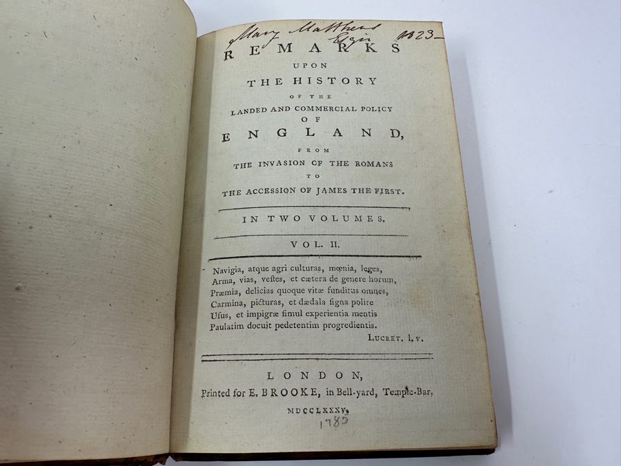 Rare Antique 1785 Leather Bound 2-Volume Book Set Remarks Upon The History Of The Landed And Commercial Policy Of England From The Invasion Of The Romans To The Accession Of James The First Published London Printed E. Brooke [Photo 9]