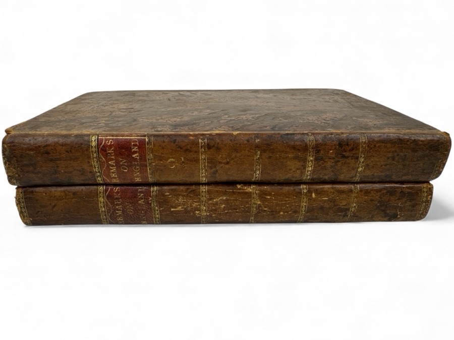 Rare Antique 1785 Leather Bound 2-Volume Book Set Remarks Upon The History Of The Landed And Commercial Policy Of England From The Invasion Of The Romans To The Accession Of James The First Published London Printed E. Brooke [Photo 2]