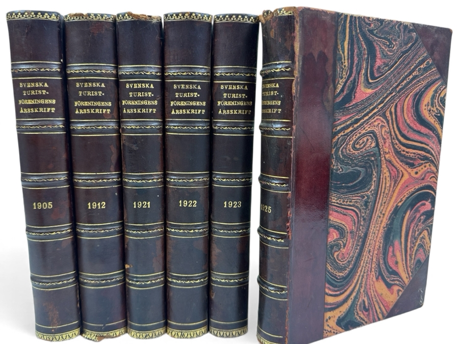 Antique Leatherbound Books Volumes Swedish Tourist Association Yearbooks Stockholm For The Years: 1905, 1912, 1921, 1922, 1923 & 1925