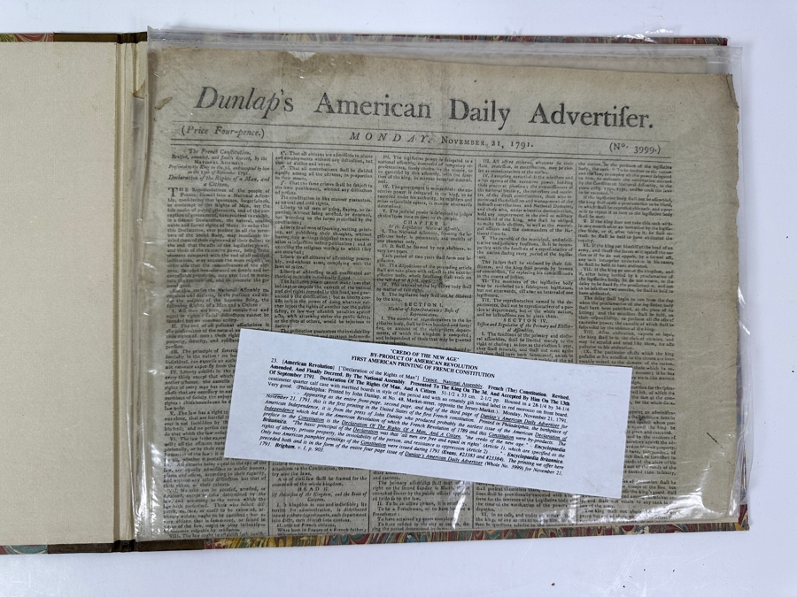 Rare Antique 1791 'Credo Of The New Age' By Product Of The American Revolution First American Printing Of The French Constitution 'Declaration Of The Rights Of Man' France National Assembly Housed In A Calf Case Printed By John Dunlap Philadelphia [Photo 15]