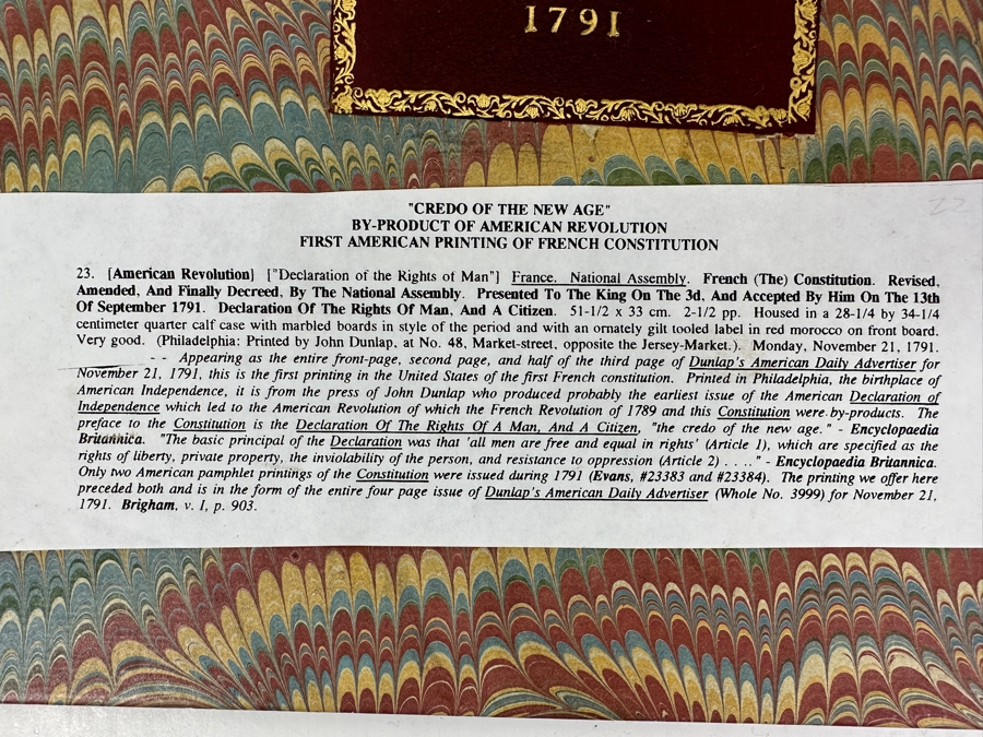 Rare Antique 1791 'Credo Of The New Age' By Product Of The American Revolution First American Printing Of The French Constitution 'Declaration Of The Rights Of Man' France National Assembly Housed In A Calf Case Printed By John Dunlap Philadelphia [Photo 5]