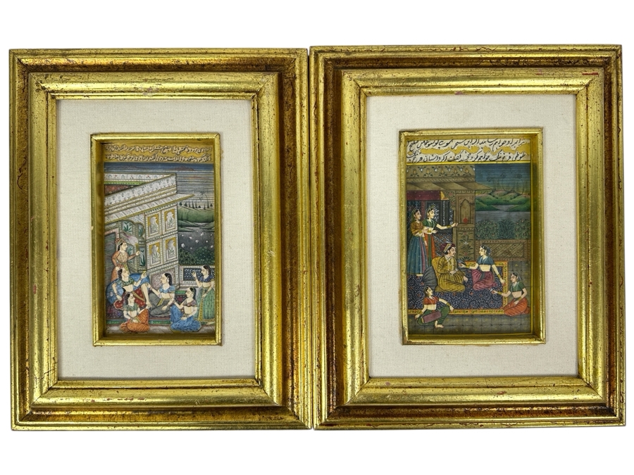 Pair Of Original Hand Painted Indian Miniature Paintings 4 X 7 Framed 11 X 14