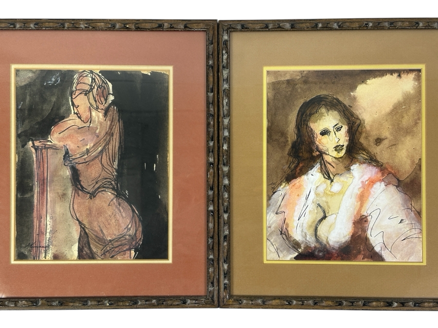 Pair Of Vintage 1975 Watercolor Paintings On Paper Artist Signed 8 X 10 Framed 13 X 15