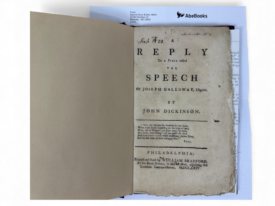 Rare Antique 1764 Book A Reply To A Piece Called The Speech Of Joseph Galloway, Esquire By John Dickinson Purchased From Second Story Books Via Abe Books - See Book Description In Photos And Original Book Listing [Photo 3]