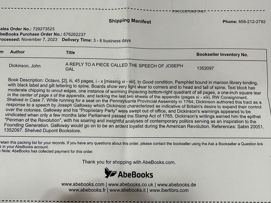 Rare Antique 1764 Book A Reply To A Piece Called The Speech Of Joseph Galloway, Esquire By John Dickinson Purchased From Second Story Books Via Abe Books - See Book Description In Photos And Original Book Listing [Photo 18]