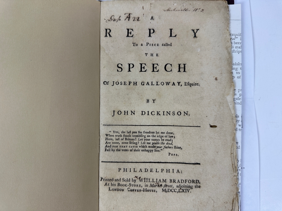 Rare Antique 1764 Book A Reply To A Piece Called The Speech Of Joseph Galloway, Esquire By John Dickinson Purchased From Second Story Books Via Abe Books - See Book Description In Photos And Original Book Listing [Photo 5]