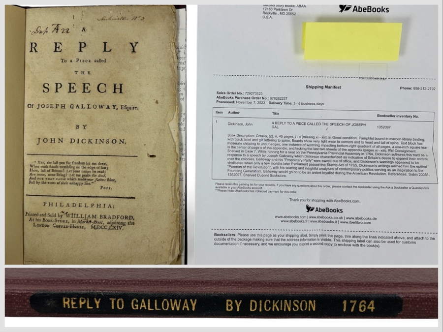 Rare Antique 1764 Book A Reply To A Piece Called The Speech Of Joseph Galloway, Esquire By John Dickinson Purchased From Second Story Books Via Abe Books - See Book Description In Photos And Original Book Listing