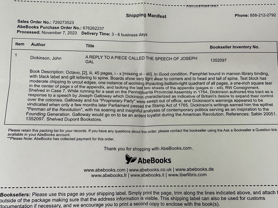 Rare Antique 1764 Book A Reply To A Piece Called The Speech Of Joseph Galloway, Esquire By John Dickinson Purchased From Second Story Books Via Abe Books - See Book Description In Photos And Original Book Listing [Photo 17]
