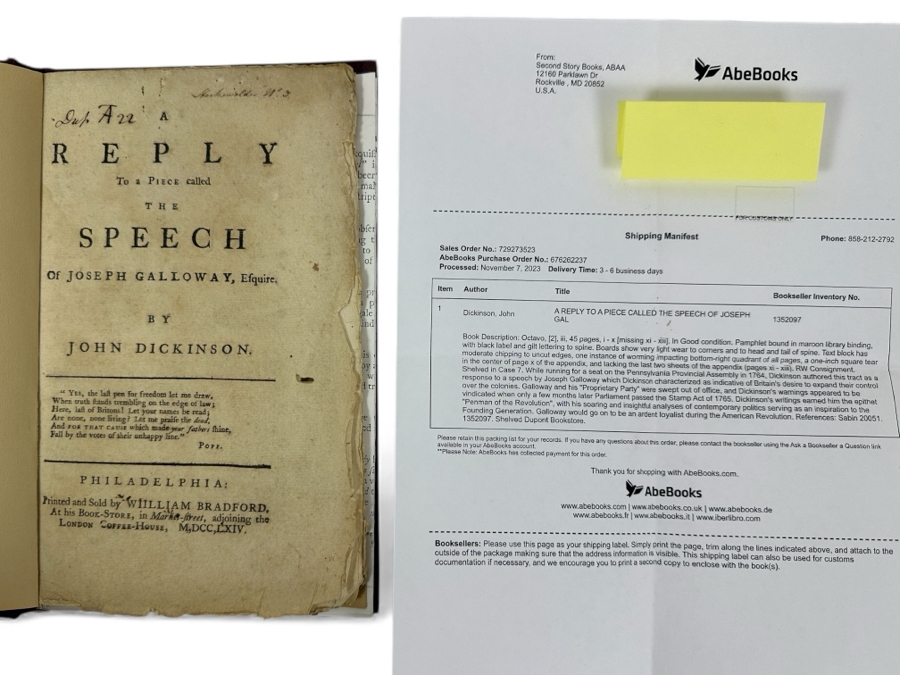 Rare Antique 1764 Book A Reply To A Piece Called The Speech Of Joseph Galloway, Esquire By John Dickinson Purchased From Second Story Books Via Abe Books - See Book Description In Photos And Original Book Listing [Photo 2]