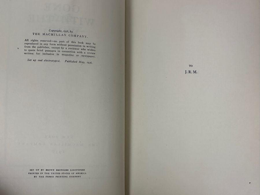 Rare First Printing Of Gone With The Wind By Margaret Mitchell With The Original First Printing Dust Jacket May, 1936 Date - Book In Excellent Condition - Original Dust Jacket Has Some Damage Estimate $5,000-$8,000 [Photo 15]