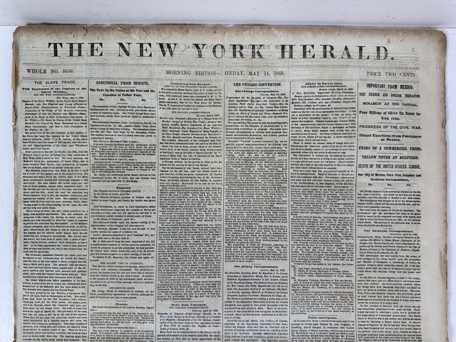 Rare Historial Antique May 14, 1860 The New York Herald Newspaper With Article On The Slave Trade [Photo 2]