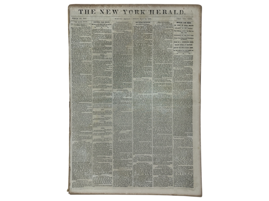 Rare Historial Antique May 14, 1860 The New York Herald Newspaper With Article On The Slave Trade