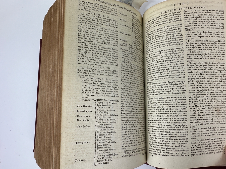 Antique 1787 Hardbound Book Of The Gentleman's Magazine London Volume LVII With Rare First English Printing Of The United States Constitution - See Photos For A Sampling Of Articles Estimate $3,000 [Photo 28]