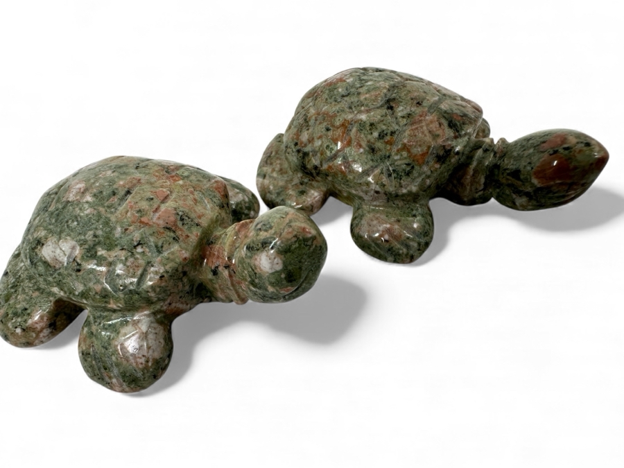 (2) Hand Carved Green Stone Turtle Figurines