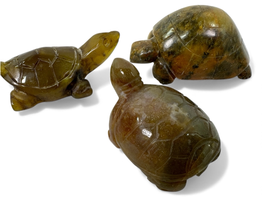 (3) Hand Carved Green Stone Turtle Figurines