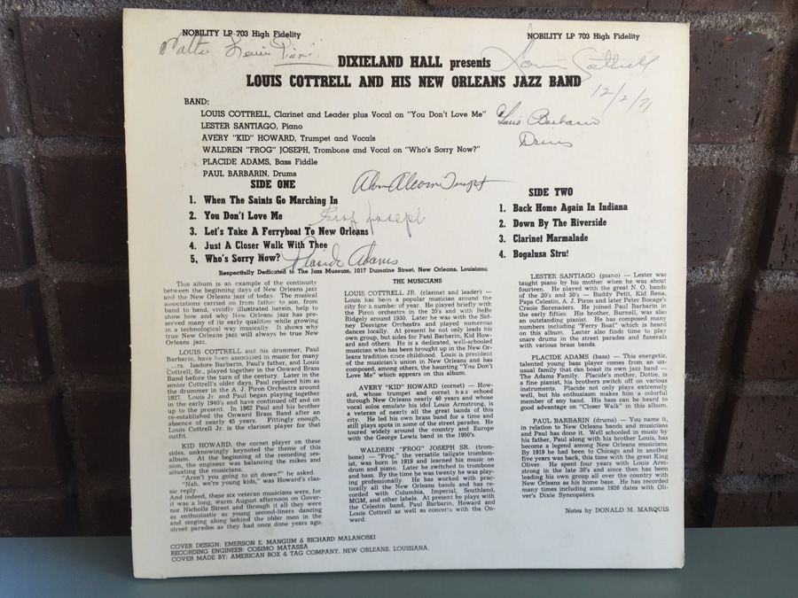 Louis Cottrell And His New Orleans Jazz Band ‎- Dixieland Hall Presents Louis Cottrell And His New Orleans Jazz Band - Nobility ‎- LP 703 - SIGNED [Photo 2]