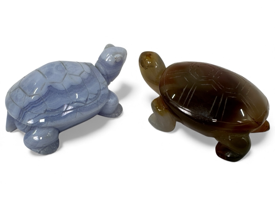 Pair Of Hand Carved Stone Agate Turtle Figurines 2.75'L