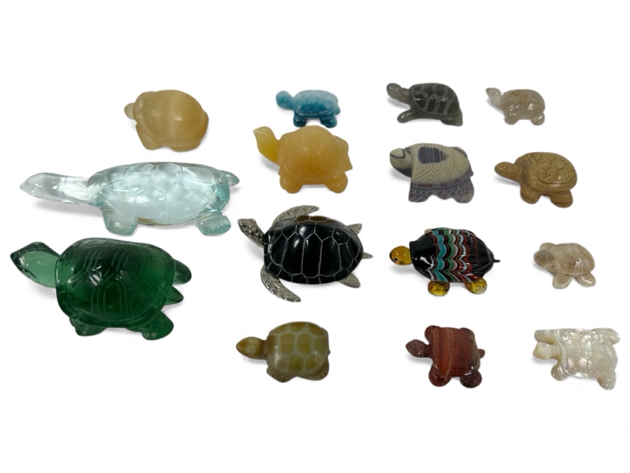 Collection Of (15) Hand Carved Stone And Glass Turtle Figurines