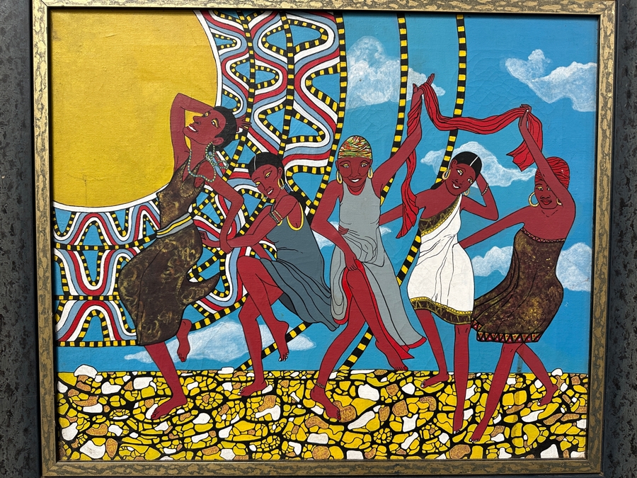 Vintage Original African Tribal Artwork On Canvas 24 X 20 Framed 29 X 25.5